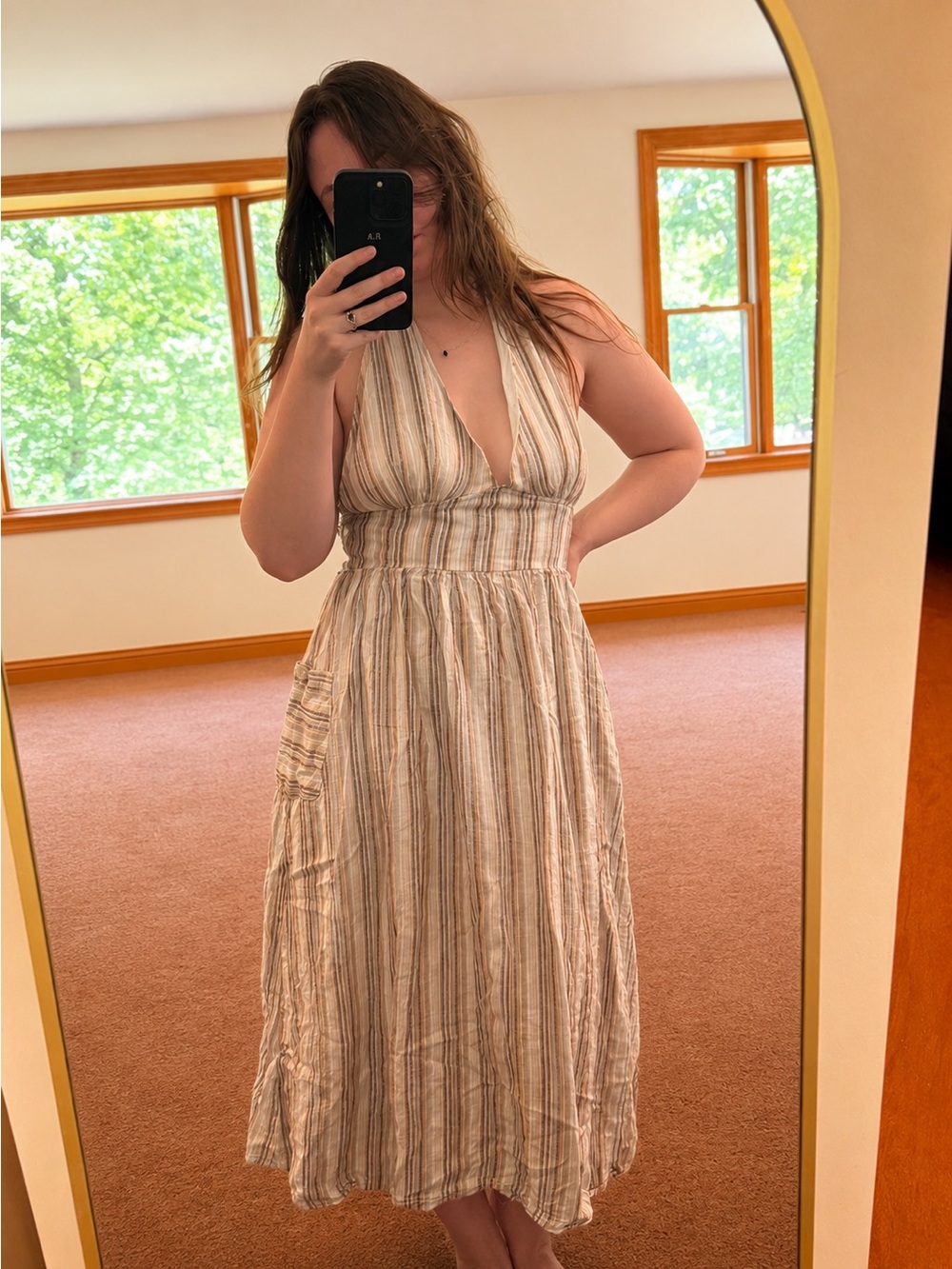 Indigo Rein Cream and Tan Striped Halter Midi Dress